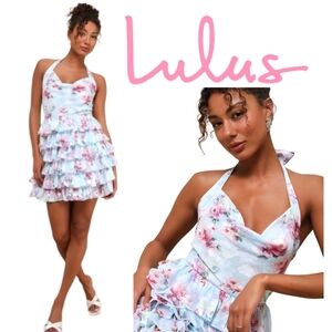 Lulus Trending Adorable Light Blue Floral Tiered Halter Mini Dress Lined MED NWT
